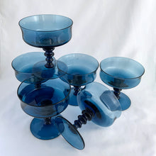 Load image into Gallery viewer, View of 1960s-70s Colony Glass Richmond Blue tall sherbet glasses showing elegant stemmed silhouette, 4⅛ inches tall