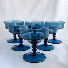 Load image into Gallery viewer, Set of six vintage Colony Glass Richmond Blue champagne glasses, 1960s-1970s mid-century modern stemware, Made in USA