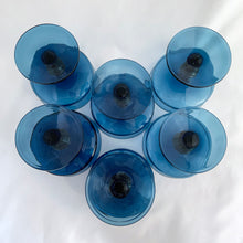 Load image into Gallery viewer, Bottom detail of vintage Colony Glass Richmond Blue champagne glass showing manufacturing bubbles and stringers typical of 1960s-70s production