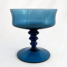 Load image into Gallery viewer, Close-up of vintage Richmond Blue champagne glass showing vibrant blue color and mid-century modern design, Colony Glass USA