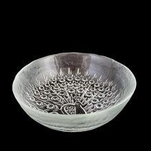 Load image into Gallery viewer, Vintage clear Riikinkukko glass bowl, features a resplendent peacock displaying his tail feathers. Designed by Raija Luoto for Humppila Glassworks, Finland, 1960s. Use this lovely piece of art glass as tableware or decor.
In excellent condition, no chips.
Measures 6 3/4 x 6 3/4 x 2 inches