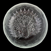Load image into Gallery viewer, Vintage clear Riikinkukko glass bowl, features a resplendent peacock displaying his tail feathers. Designed by Raija Luoto for Humppila Glassworks, Finland, 1960s. Use this lovely piece of art glass as tableware or decor.
In excellent condition, no chips.
Measures 6 3/4 x 6 3/4 x 2 inches
