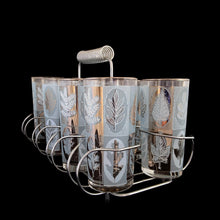 Load image into Gallery viewer, Set of eight 1950s-70s Libbey Riviera highball glasses in chrome caddy with spiral handle