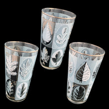 Load image into Gallery viewer, Close-up of Libbey Riviera glasses showing silver, gray, and pale blue leaf pattern