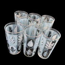 Load image into Gallery viewer, Angled view of Libbey Riviera highball set showing silver rims and leaf pattern