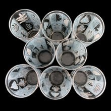 Load image into Gallery viewer, Top view of Libbey Riviera highball set showing silver rims and leaf pattern