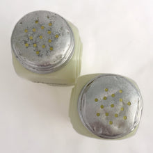 Load image into Gallery viewer, Vintage "Roman Arch" custard uranium glass salt and pepper shaker with the words Salt and Pepper in crisp black script. Produced by McKee Glass, USA, 1930 - 1951. These art deco beauties glow brilliantly under black light and will make a great addition to any vintage kitchen collection!