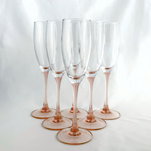 Load image into Gallery viewer, Set of six vintage Luminarc Rose champagne flutes with pale pink stems and clear crystal bowls
