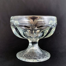 Load image into Gallery viewer, Libbey Glass Company nostalgic clear pressed glass ice cream parlour dishes in stock. They have a quintessential round paneled shape featuring a flared foot impressed basketweave pattern plus the stylized Libbey L on the bottom. Circa 1950s. Perfect for adding a nostalgic touch to desserts - a must-have for all ice cream and dessert lovers! In excellent condition, free from chips/cracks. Measures 3 3/8 x 3 inches. Capacity 4 3/4 ounces