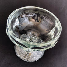 Load image into Gallery viewer, Libbey Glass Company nostalgic clear pressed glass ice cream parlour dishes in stock. They have a quintessential round paneled shape featuring a flared foot impressed basketweave pattern plus the stylized Libbey L on the bottom. Circa 1950s. Perfect for adding a nostalgic touch to desserts - a must-have for all ice cream and dessert lovers! In excellent condition, free from chips/cracks. Measures 3 3/8 x 3 inches. Capacity 4 3/4 ounces