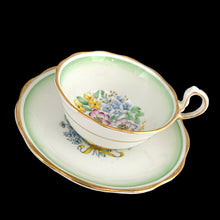 Load image into Gallery viewer, Vintage 1935-40 Royal Albert Set #286 teacup and saucer with hand-painted pastel florals and green ombré rim