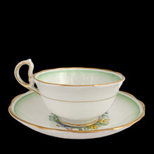 Load image into Gallery viewer, Side view of vintage Royal Albert Set #286 saucer with hand-painted pastel flowers and green ombré border