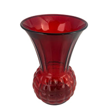 Load image into Gallery viewer, Anchor Hocking Royal Ruby pineapple trumpet vase, side profile view — tall trumpet silhouette, deep ruby red pineapple texture visible through translucent glass and rim profile