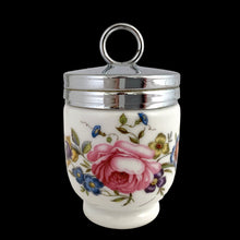 Load image into Gallery viewer, Vintage Royal Worcester egg coddler in Bournemouth Rose pattern with chrome lid and hand-decorated botanical design