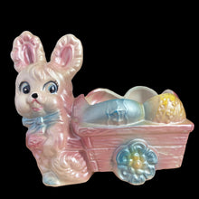 Load image into Gallery viewer, Front view of vintage Rubens Originals anthropomorphic Easter bunny planter with pastel lustreware glaze, Shape 1201, Made in Japan 1950s