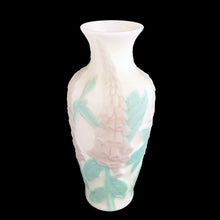 Load image into Gallery viewer, Phoenix Glass Reuben Line satin glass vase, front view showing rim, lavender foxglove relief pattern with teal green leaves on white opalescent body, USA, 1930s