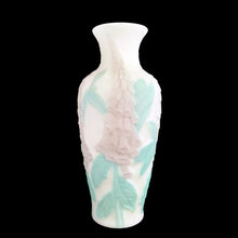 Load image into Gallery viewer, Phoenix Glass Reuben Line satin glass vase, front view showing full silhouette with lavender foxglove spike and teal leaf relief, baluster form with flared rim, USA, 1930s