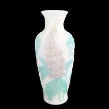 Load image into Gallery viewer, Phoenix Glass Reuben Line satin glass vase, side view showing lavender foxglove and teal leaf relief pattern, satin matte finish, USA, 1930s