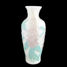 Load image into Gallery viewer, Phoenix Glass Reuben Line satin glass vase, back view showing full silhouette with lavender foxglove spike and teal leaf relief, baluster form with flared rim, USA, 1930s