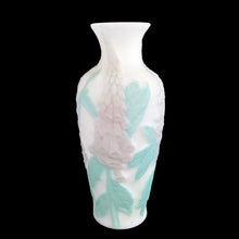 Load image into Gallery viewer, Phoenix Glass Reuben Line satin glass vase, back view showing lavender foxglove and teal leaf relief pattern, satin matte finish, USA, 1930s