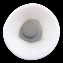 Load image into Gallery viewer, Phoenix Glass Reuben Line satin glass vase, overhead view into flared rim showing white opalescent interior with grey pontil mark at base, USA, 1930s