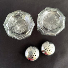 Load image into Gallery viewer, Jacks Daughter of All Trades Vintage Antique Mid-Century Kitsch Store Shop Reseller Etsy Shopify Toronto Canada Free Porch Pick Up Local Delivery Worldwide Shipping Judy Weinberg Unique Housewarming Gift Sustainable Gift Wedding Gift Home Decor Collectible Collector Gift Farmhouse Cottagecore Cottage Lodge Shabby Chic Industrial Hollywood Regency Art Deco clear pressed glass paneled salt and pepper shakers stainless steel lid Dominion Glass Canada 1950s Classic tableware