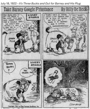 Load image into Gallery viewer, RARE vintage collectible green Jadeite glass figurine of the Spark Plug the Horse from the Barney Google and Spark Plug 1920s comic strip. The Spark Plug figurine wears his trademark patched blanket with the words "Barney Googles and 1923 on one side and Spark Plug and USA on the other side. Guernsey Glass, USA, marked with a B inside a triangle. New old stock. In excellent condition.