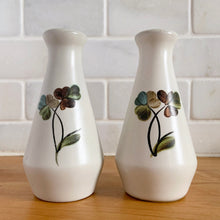 Load image into Gallery viewer, A lovely set of vintage ceramic stoneware salt and pepper shakers in the "Shamrock" pattern featuring shades of green, blue and brown on a light gray ground. Crafted by Denby-Langely, England, between 1954 - 1981. Spice up your life! In excellent condition, free from chips. New corks. Measures 2 1/4 x 4 1/2 inches