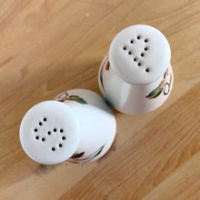 Load image into Gallery viewer, A lovely set of vintage ceramic stoneware salt and pepper shakers in the "Shamrock" pattern featuring shades of green, blue and brown on a light gray ground. Crafted by Denby-Langely, England, between 1954 - 1981. Spice up your life! In excellent condition, free from chips. New corks. Measures 2 1/4 x 4 1/2 inches