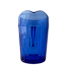 Load image into Gallery viewer, Spout view of 1930s cobalt blue Ritz pattern creamer showing honeycomb pressed glass design, 7 ounces