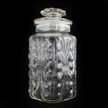Load image into Gallery viewer, Vintage six-sided large "Show Off" clear pressed glass apothecary jar (also known as the Scrolls pattern). Crafted by Federal Glass, USA. Perfect for storing your culinary foods like flour, sugar, coffee, tea, and even cookies! In excellent condition free from chips, measures 5 x 9 inches