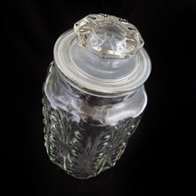 Load image into Gallery viewer, Vintage six-sided large "Show Off" clear pressed glass apothecary jar (also known as the Scrolls pattern). Crafted by Federal Glass, USA. Perfect for storing your culinary foods like flour, sugar, coffee, tea, and even cookies! In excellent condition free from chips, measures 5 x 9 inches