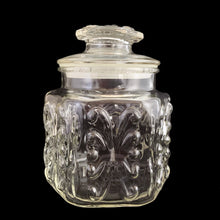 Load image into Gallery viewer, Vintage six-sided small "Show Off" clear pressed glass apothecary jar (also known as the Scrolls pattern). Crafted by Federal Glass, USA. Perfect for storing your culinary foods like flour, sugar, coffee, tea, and even cookies! In excellent condition free from chips, measures 5 x 6 1/2 inches
