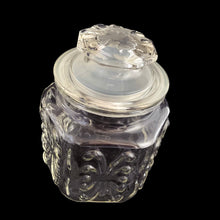 Load image into Gallery viewer, Vintage six-sided small "Show Off" clear pressed glass apothecary jar (also known as the Scrolls pattern). Crafted by Federal Glass, USA. Perfect for storing your culinary foods like flour, sugar, coffee, tea, and even cookies! In excellent condition free from chips, measures 5 x 6 1/2 inches