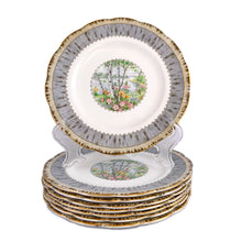Load image into Gallery viewer, A selection of hand painted vintage "Silver Birch" porcelain dinnerware. Crafted by Royal Albert, England, between 1935 - 1945 (according to backstamp), the creamer is post 1945. This beautiful pattern consists of lakeside woodland scene of birch trees and colourful flowers surrounded with a border of rustic gray and cream, rimmed in gold gilt.