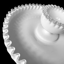 Load image into Gallery viewer, This vintage milk glass Silver Crest shrimp and dip set features a classic clear crimped edge. Crafted by the Fenton Art Glass, USA, between 1942 - 1969. A stunning example of mid-century tableware that will always be in style no matter your decor style. Fill with your favourite snacks and dips for everyday and special occasion entertaining. Makes a wonderful wedding, bridal shower or housewarming gift! In excellent condition.