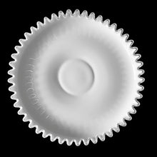 Load image into Gallery viewer, This vintage milk glass Silver Crest shrimp and dip set features a classic clear crimped edge. Crafted by the Fenton Art Glass, USA, between 1942 - 1969. A stunning example of mid-century tableware that will always be in style no matter your decor style. Fill with your favourite snacks and dips for everyday and special occasion entertaining. Makes a wonderful wedding, bridal shower or housewarming gift! In excellent condition.