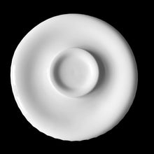 Load image into Gallery viewer, This vintage milk glass Silver Crest shrimp and dip set features a classic clear crimped edge. Crafted by the Fenton Art Glass, USA, between 1942 - 1969. A stunning example of mid-century tableware that will always be in style no matter your decor style. Fill with your favourite snacks and dips for everyday and special occasion entertaining. Makes a wonderful wedding, bridal shower or housewarming gift! In excellent condition.