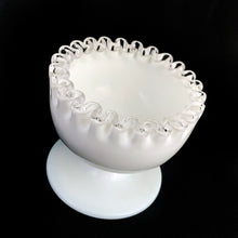 Load image into Gallery viewer, This vintage milk glass Silver Crest shrimp and dip set features a classic clear crimped edge. Crafted by the Fenton Art Glass, USA, between 1942 - 1969. A stunning example of mid-century tableware that will always be in style no matter your decor style. Fill with your favourite snacks and dips for everyday and special occasion entertaining. Makes a wonderful wedding, bridal shower or housewarming gift! In excellent condition.