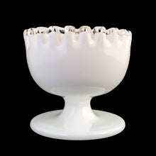 Load image into Gallery viewer, This vintage milk glass Silver Crest shrimp and dip set features a classic clear crimped edge. Crafted by the Fenton Art Glass, USA, between 1942 - 1969. A stunning example of mid-century tableware that will always be in style no matter your decor style. Fill with your favourite snacks and dips for everyday and special occasion entertaining. Makes a wonderful wedding, bridal shower or housewarming gift! In excellent condition.