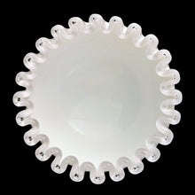 Load image into Gallery viewer, This vintage milk glass Silver Crest shrimp and dip set features a classic clear crimped edge. Crafted by the Fenton Art Glass, USA, between 1942 - 1969. A stunning example of mid-century tableware that will always be in style no matter your decor style. Fill with your favourite snacks and dips for everyday and special occasion entertaining. Makes a wonderful wedding, bridal shower or housewarming gift! In excellent condition.