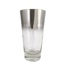 Load image into Gallery viewer, Get your Mad Men on with this set of six vintage silver fade double shot whiskey glasses. Produced by Queen's Lustreware by Vitreon USA. An unusual shape and size, just perfect to treat your guests to some sippin whiskey! In used vintage condition, no chips or cracks, some wear to the silver fade. Measures 2 3/4 x 2 3/4 inches