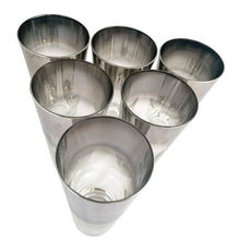 Load image into Gallery viewer, Get your Mad Men on with this set of six vintage silver fade double shot whiskey glasses. Produced by Queen's Lustreware by Vitreon USA. An unusual shape and size, just perfect to treat your guests to some sippin whiskey! In used vintage condition, no chips or cracks, some wear to the silver fade. Measures 2 3/4 x 2 3/4 inches