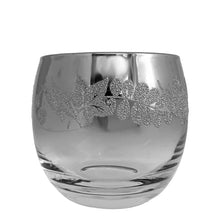 Load image into Gallery viewer, Fabulous vintage mid-century silver fade roly poly cocktail glass, decorated with a silver top that fades to clear glass and silver sugar texture leaves. Bonus, roly poly glasses are resistant to tipping over. Crafted by Vitreon Queen's Lustreware, 1960s. Add some serious Mad Men vibes to your bar cart with these beauties!
In excellent condition, no chips, minor wear.
Measures 3 1/4 x 3 inches
Capacity 12 ounces