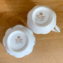 Load image into Gallery viewer, Underside of Royal Albert Silver Maple creamer showing England maker's mark and bone china backstamp