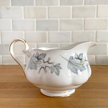 Load image into Gallery viewer, Royal Albert Silver Maple gravy boat – side profile showing Hampton shape, scalloped edge, and 22k gold handle detail