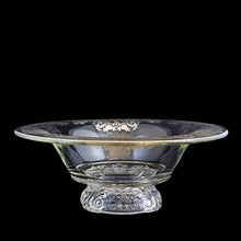 Load image into Gallery viewer, This striking vintage clear glass console bowl with silver overlay is a simply stunning. The silver overlay was produced by the Silver City Glass Co., circa 1940s. This generous sized console bowl. It will elevate any occasion to a special one. A beautiful addition to any collection and a lovely way to add a touch of vintage charm to your home. Would make a spectacular wedding gift! In excellent condition, free from chips, silver is intact. Measures 12 1/4 x 4 1/2 inches