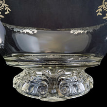 Load image into Gallery viewer, This striking vintage clear glass console bowl with silver overlay is a simply stunning. The silver overlay was produced by the Silver City Glass Co., circa 1940s. This generous sized console bowl. It will elevate any occasion to a special one. A beautiful addition to any collection and a lovely way to add a touch of vintage charm to your home. Would make a spectacular wedding gift! In excellent condition, free from chips, silver is intact. Measures 12 1/4 x 4 1/2 inches