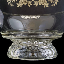 Load image into Gallery viewer, This striking vintage clear glass console bowl with silver overlay is a simply stunning. The silver overlay was produced by the Silver City Glass Co., circa 1940s. This generous sized console bowl. It will elevate any occasion to a special one. A beautiful addition to any collection and a lovely way to add a touch of vintage charm to your home. Would make a spectacular wedding gift! In excellent condition, free from chips, silver is intact. Measures 12 1/4 x 4 1/2 inches
