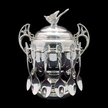Load image into Gallery viewer, Stunning vintage Victorian-style antique silver plate covered sugar bowl. The bowl features a charming figural bird on the lid and intricately designed handles with figural rabbits. With room for twelve teaspoons, it's perfect for hosting and creates an excellent conversation piece for guests. Crafted by the renowned Wm. A. Rogers Silversmiths, this piece is a true testament to the beauty of fine craftsmanship.